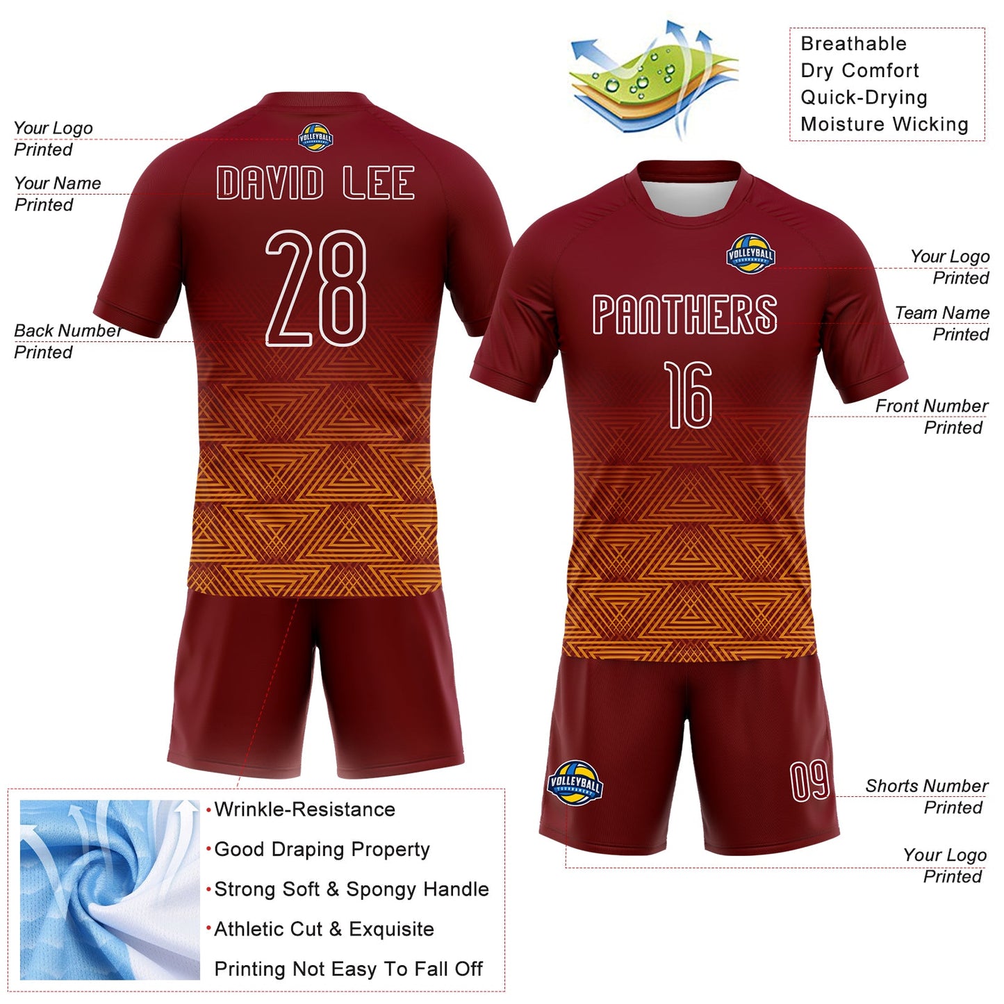 Custom Crimson Yellow-White Geometric Shape Sublimation Volleyball Uniform Jersey view 4