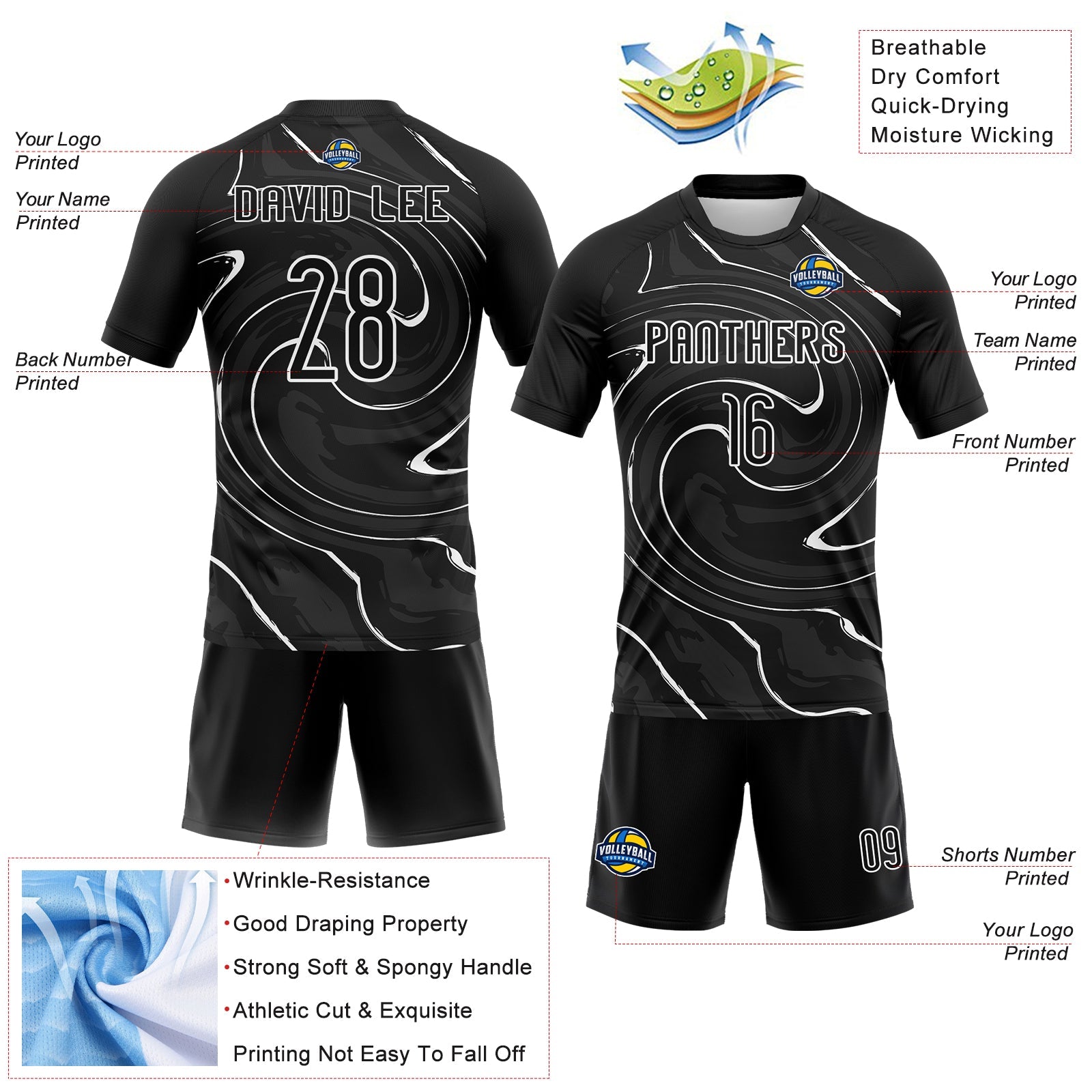 Custom Black White Liquid Fluid Sublimation Volleyball Uniform Jersey view 4