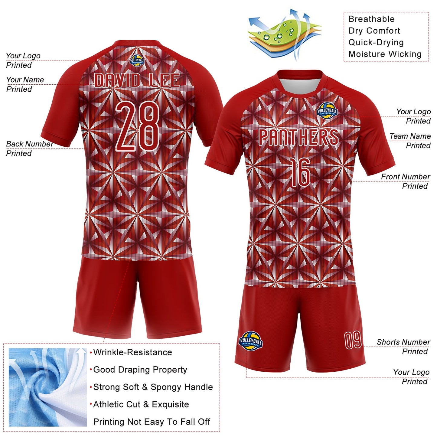 Custom Red White Geometric Shape Sublimation Volleyball Uniform Jersey view 4