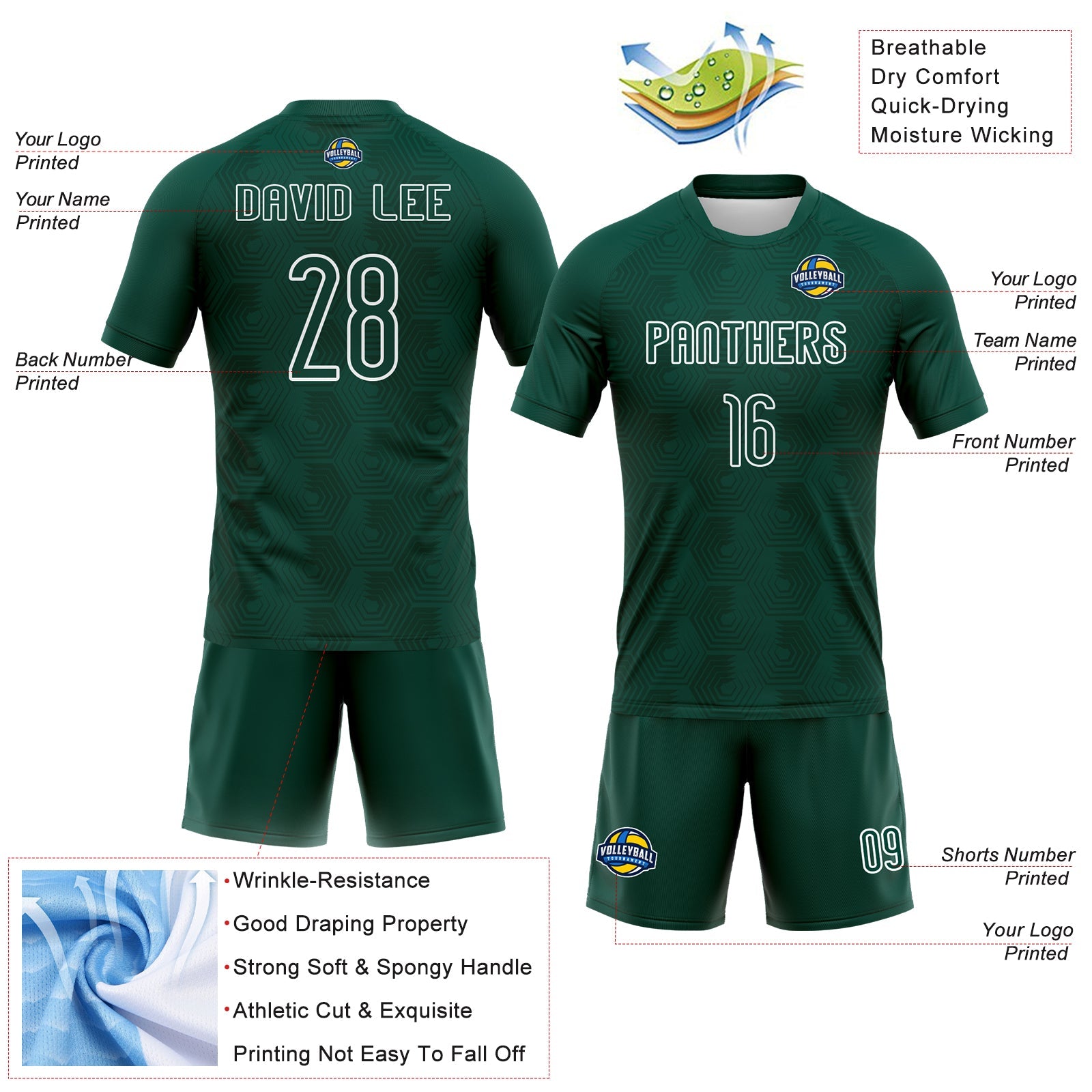 Custom Midnight Green White Geometric Shape Sublimation Volleyball Uniform Jersey view 4