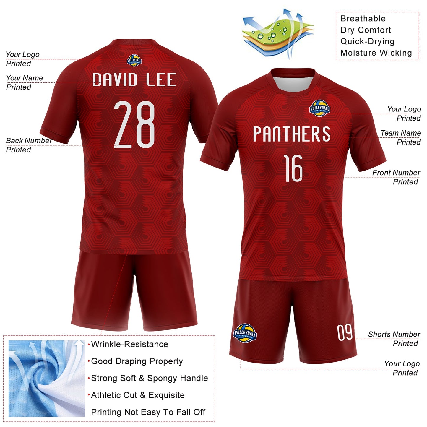Custom Red White Geometric Shape Sublimation Volleyball Uniform Jersey view 4