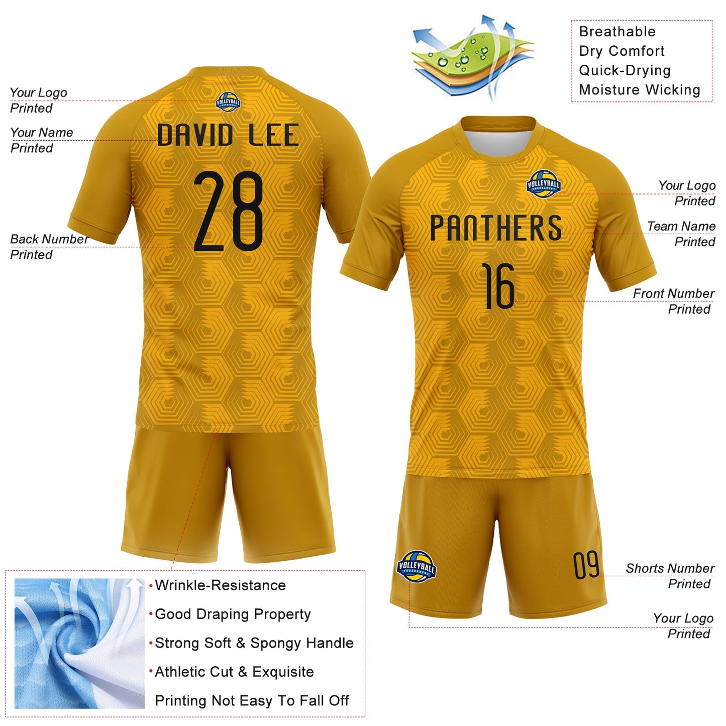 Custom Gold Black Geometric Shape Sublimation Volleyball Uniform Jersey view 4