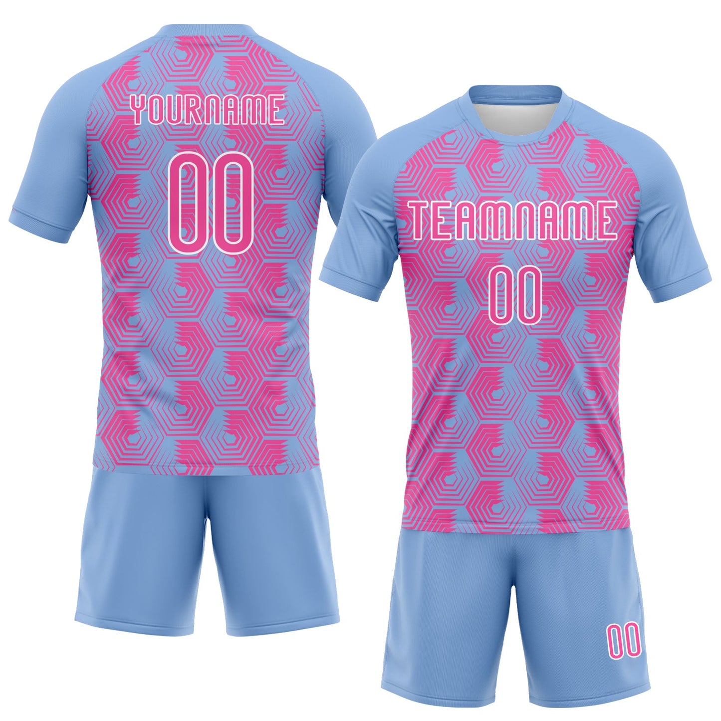 Custom Light Blue Pink-White Geometric Shape Sublimation Volleyball Uniform Jersey view 2