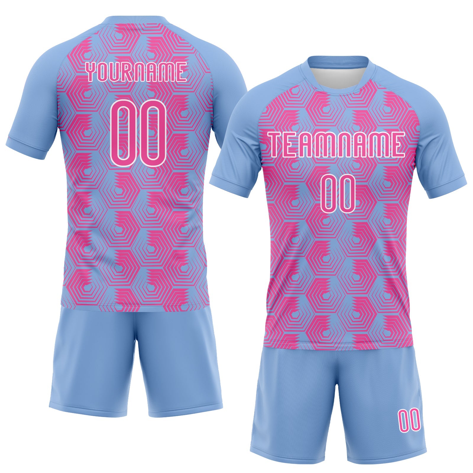 Custom Light Blue Pink-White Geometric Shape Sublimation Volleyball Uniform Jersey view 2