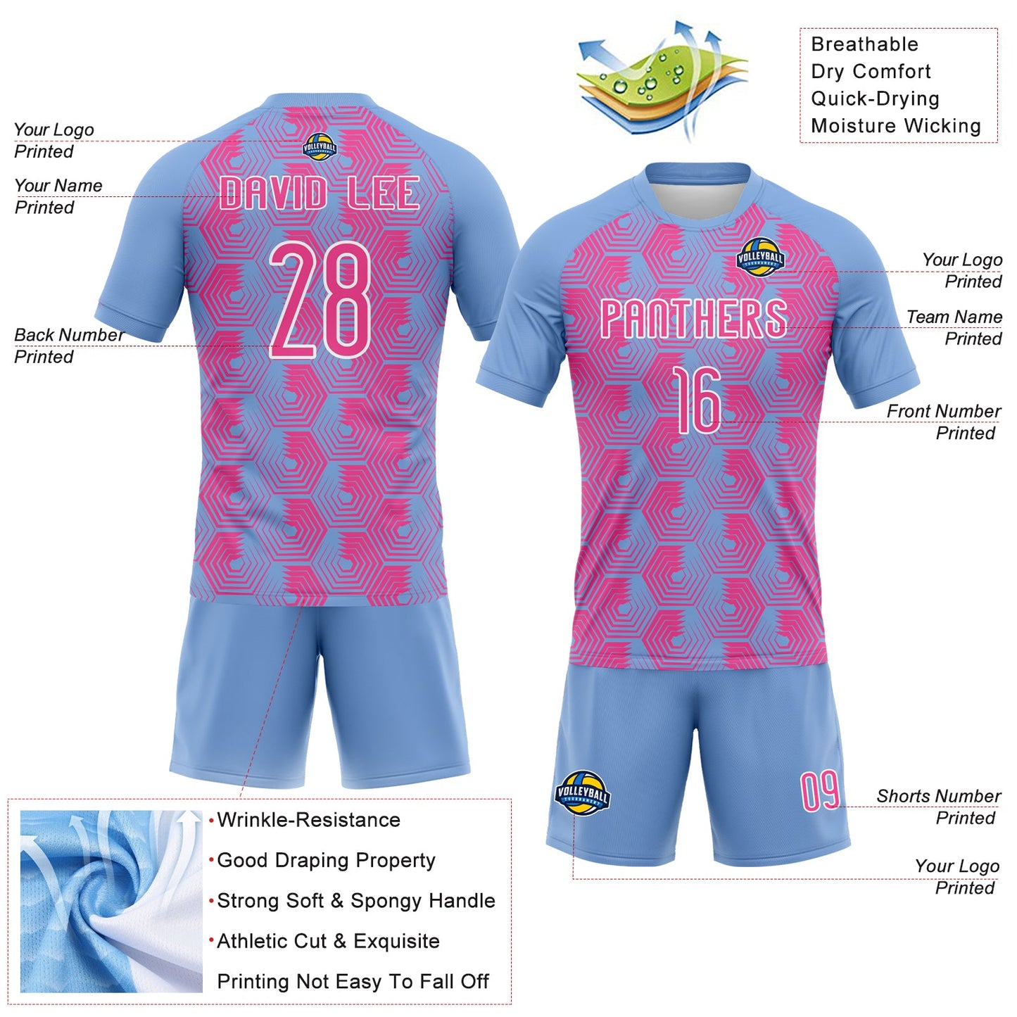 Custom Light Blue Pink-White Geometric Shape Sublimation Volleyball Uniform Jersey view 4