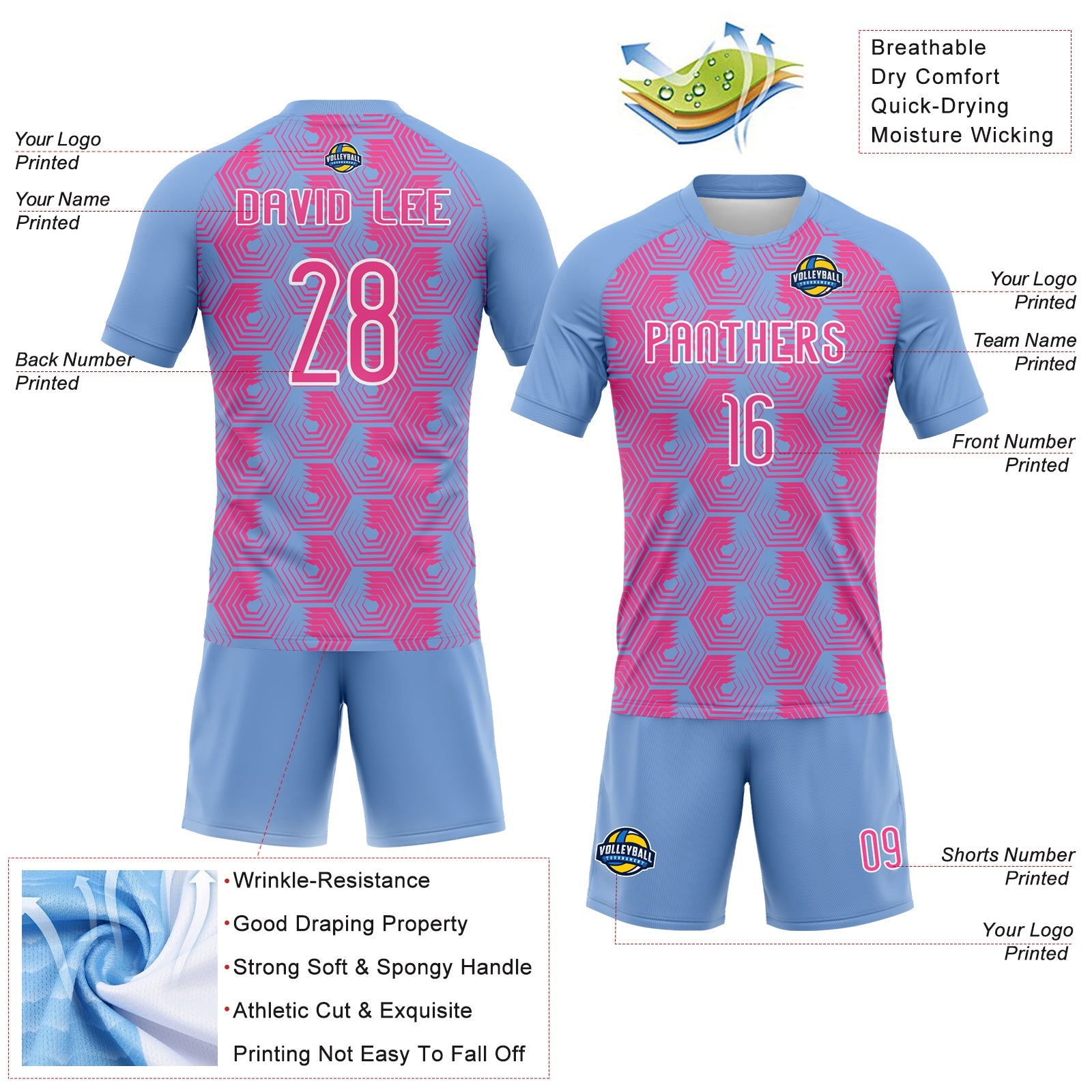 Custom Light Blue Pink-White Geometric Shape Sublimation Volleyball Uniform Jersey view 4