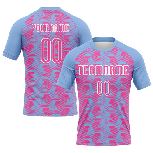 Custom Light Blue Pink-White Geometric Shape Sublimation Volleyball Uniform Jersey - Main View