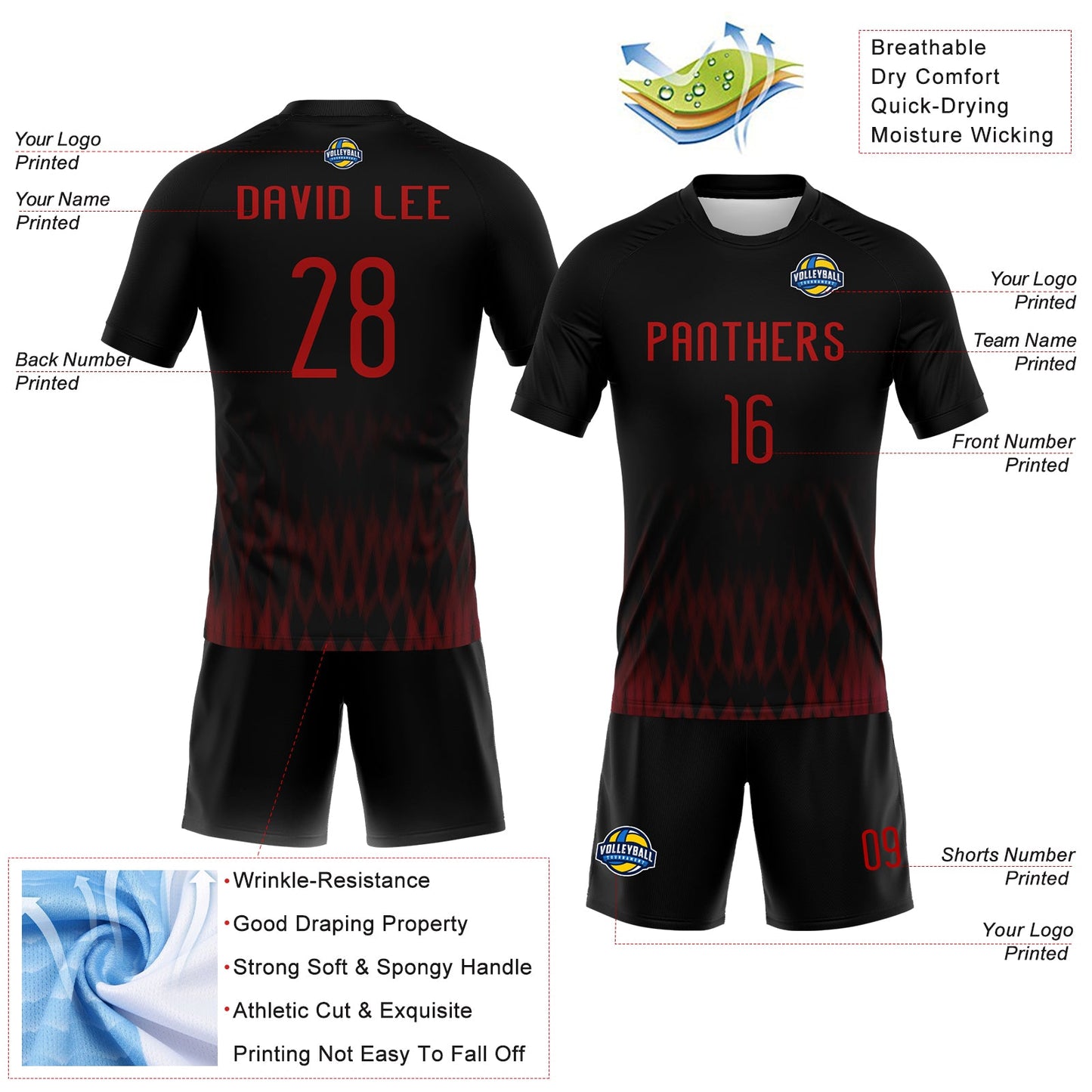 Custom Black Red Zigzag Sublimation Volleyball Uniform Jersey view 4