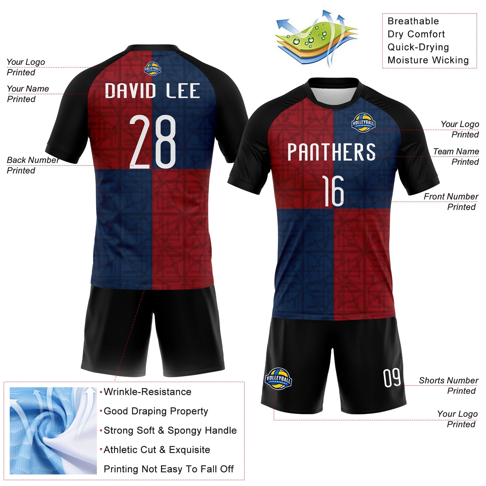 Custom Black Red-Royal Geometric Shape Sublimation Volleyball Uniform Jersey view 4