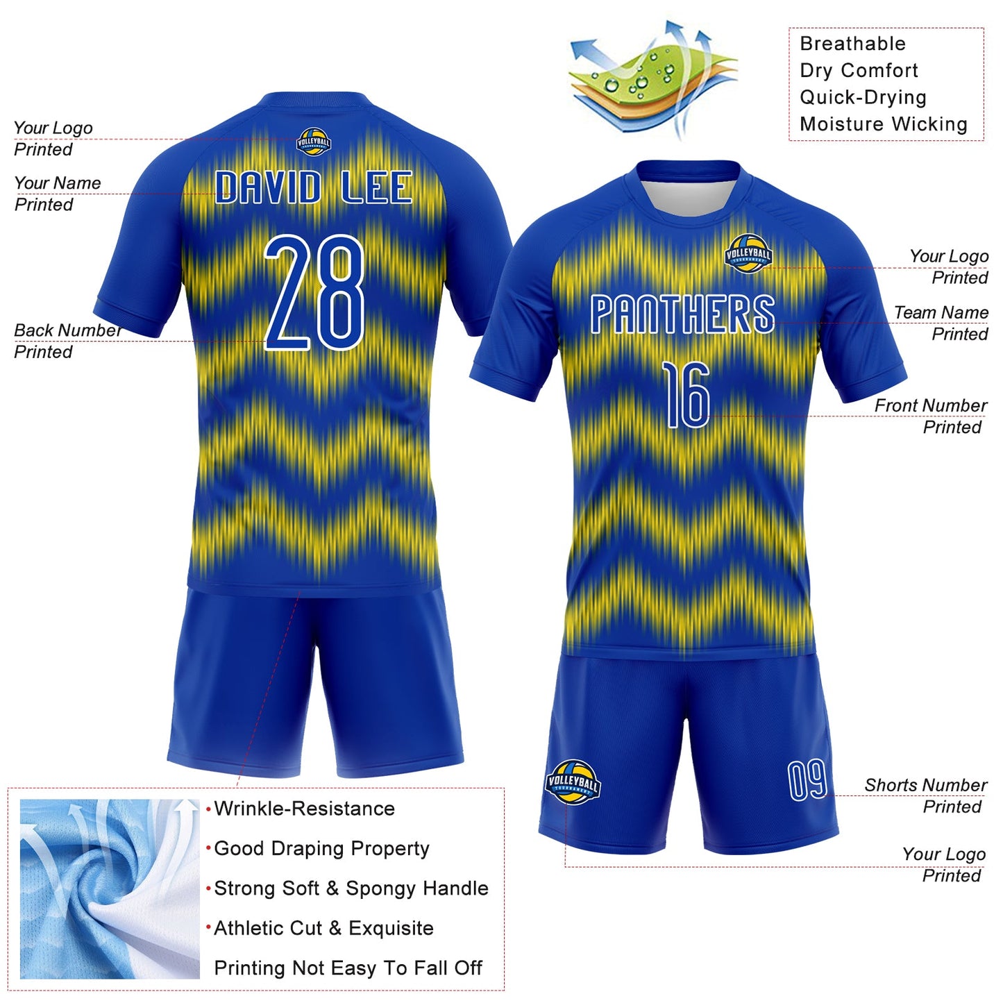 Custom Thunder Blue Gold-White Zigzag Sublimation Volleyball Uniform Jersey view 4
