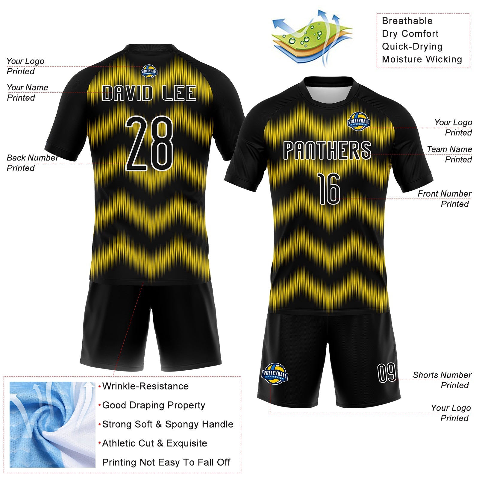 Custom Black Gold-White Zigzag Sublimation Volleyball Uniform Jersey view 4