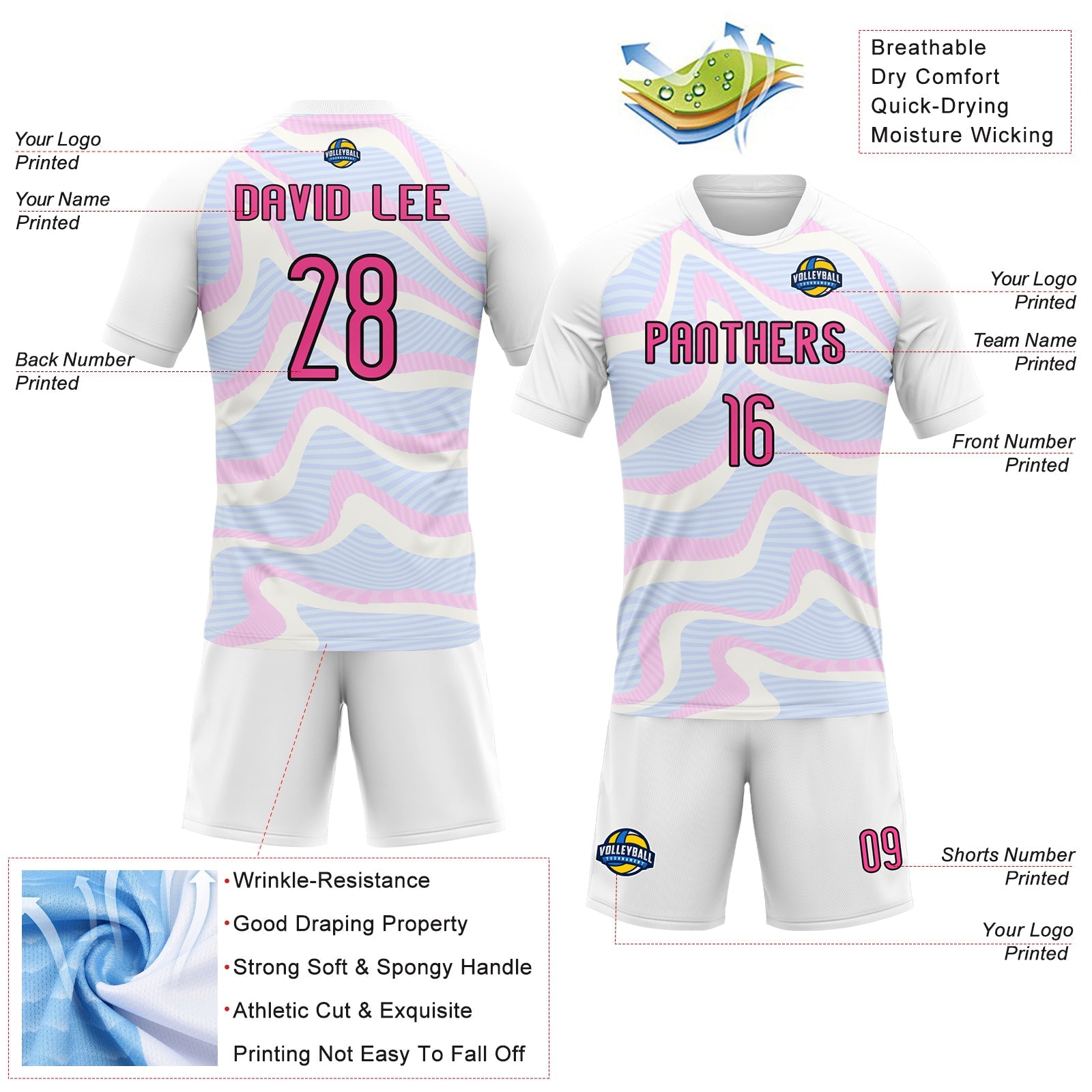 Custom White Pink-Black Liquid Fluid Sublimation Volleyball Uniform Jersey view 4