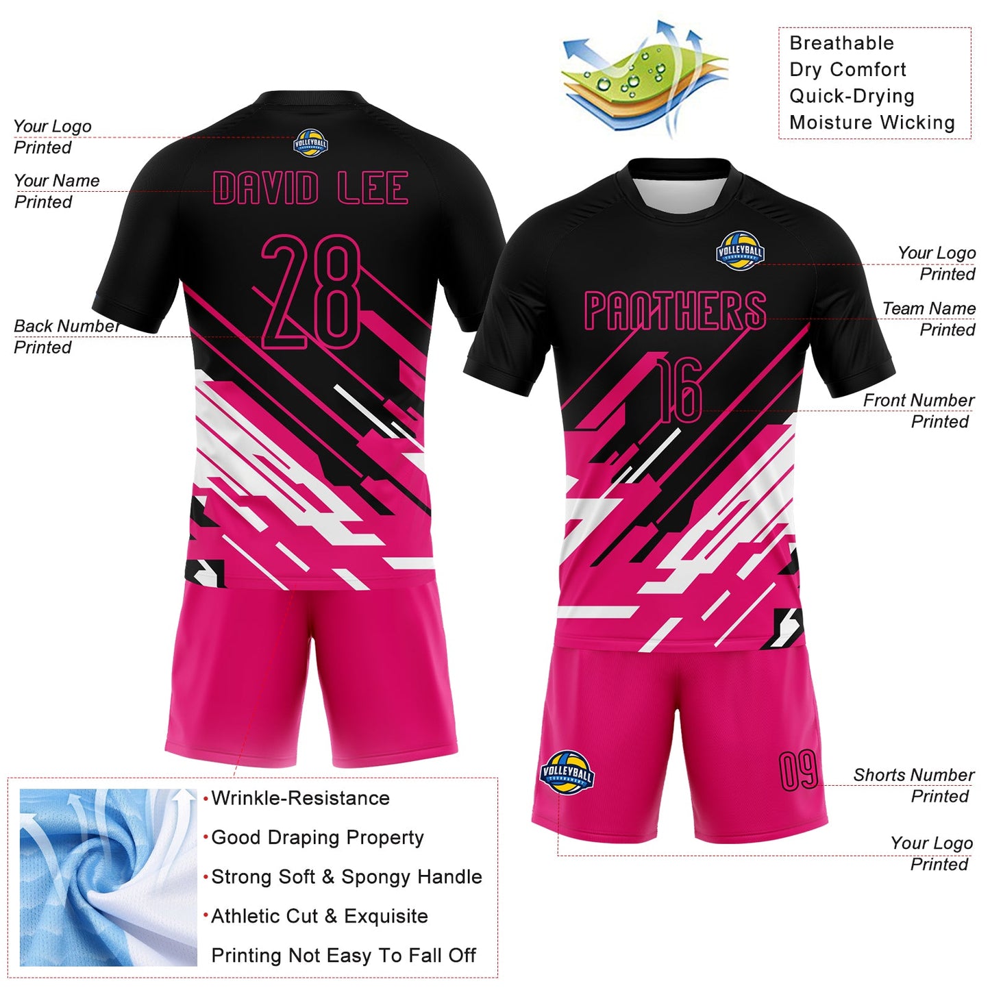 Custom Black Pink-White Lines Sublimation Volleyball Uniform Jersey view 4
