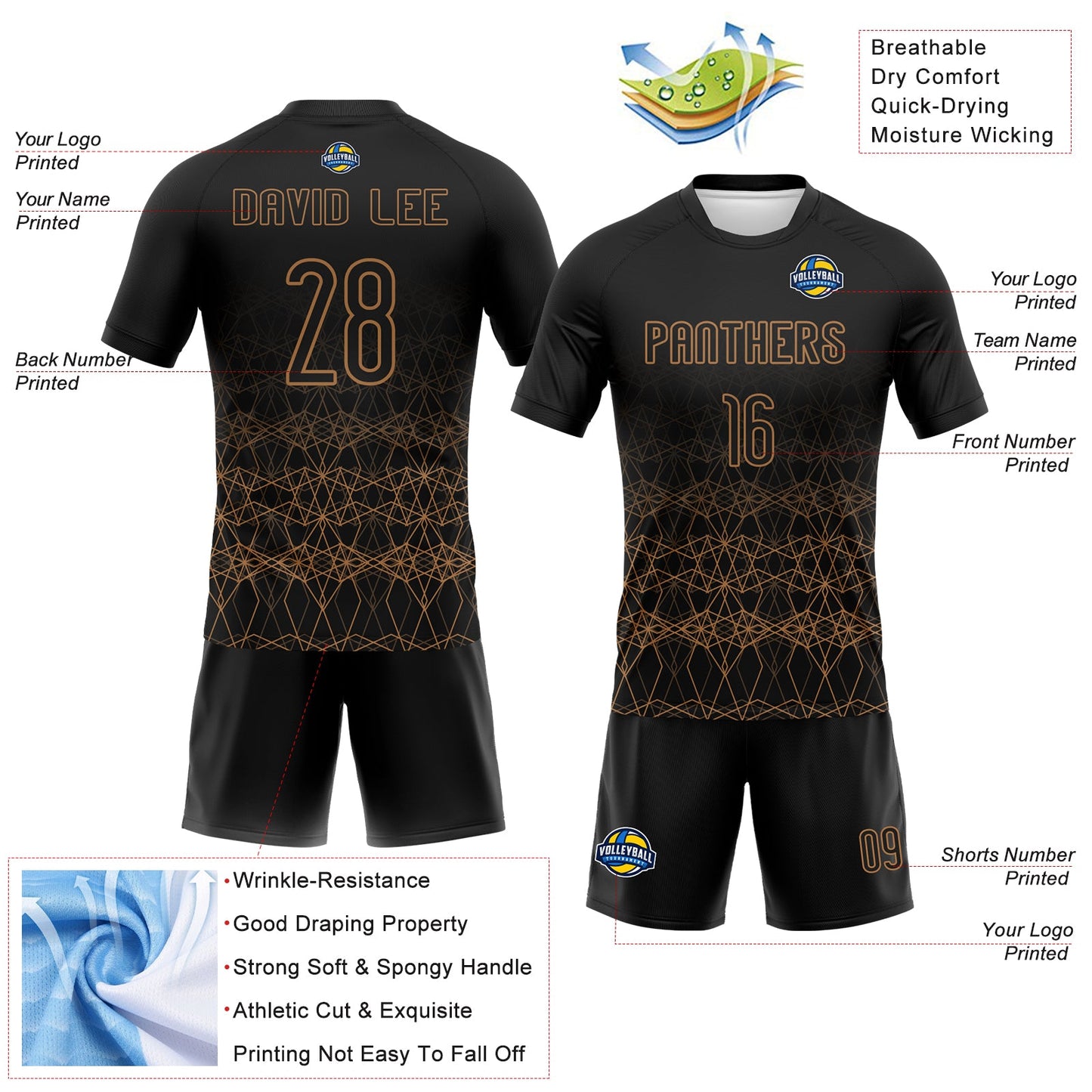 Custom Black Old Gold Geometric Shape Sublimation Volleyball Uniform Jersey view 4