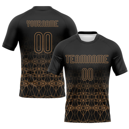 Custom Black Old Gold Geometric Shape Sublimation Volleyball Uniform Jersey - Main View