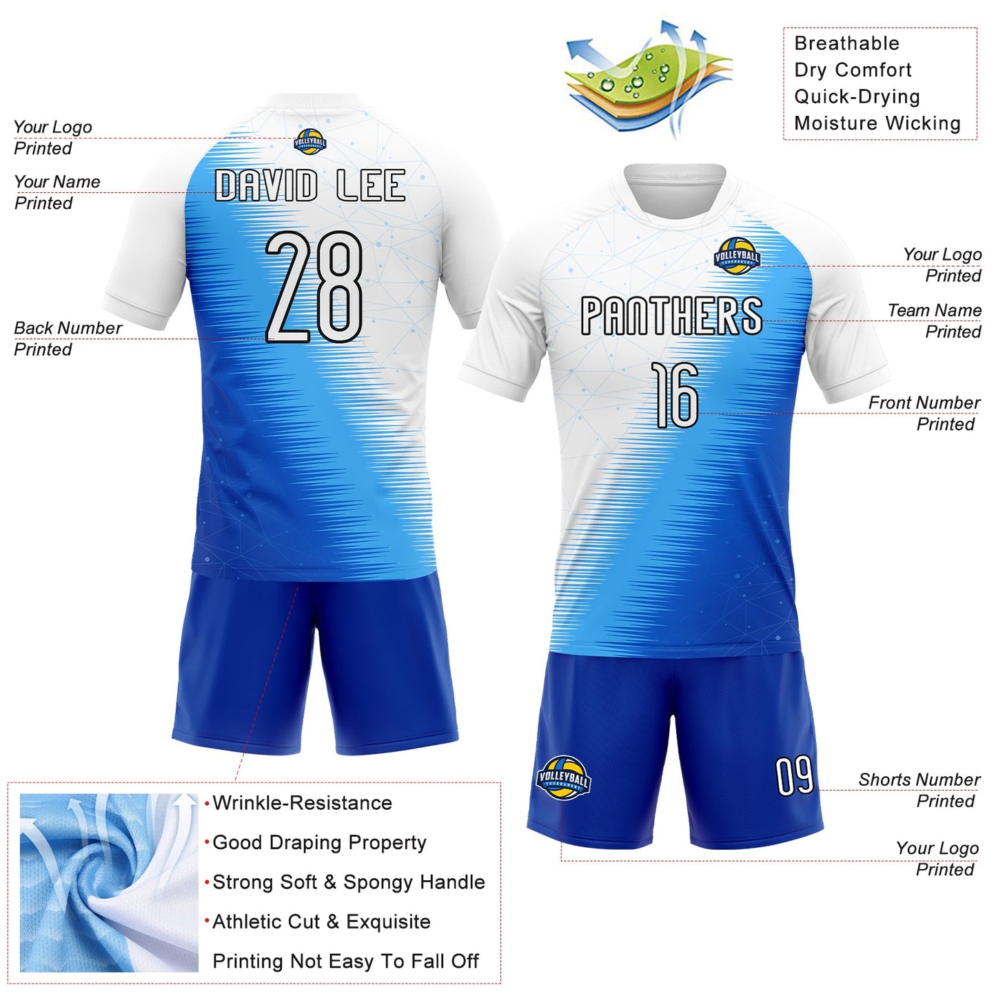 Custom Thunder Blue White-Black Geometric Shape And Lines Sublimation Volleyball Uniform Jersey view 4