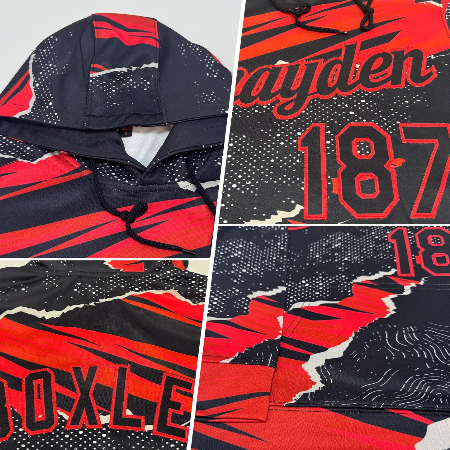 Custom Stitched Black Red 3D Pattern Design Torn Paper Style Sports Pullover Sweatshirt Hoodie view 2