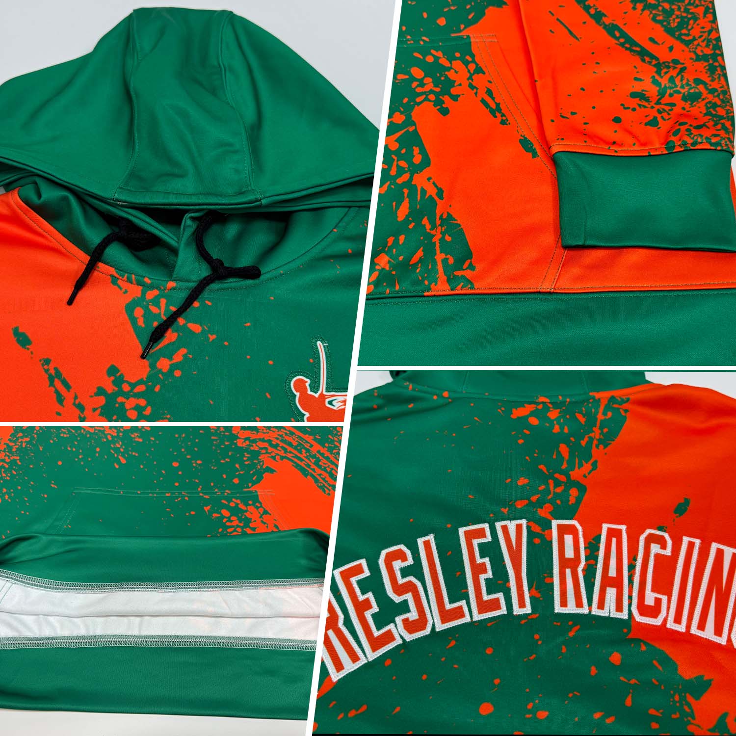 Custom Stitched Kelly Green Orange-White 3D Pattern Design Abstract Brush Stroke Sports Pullover Sweatshirt Hoodie view 2