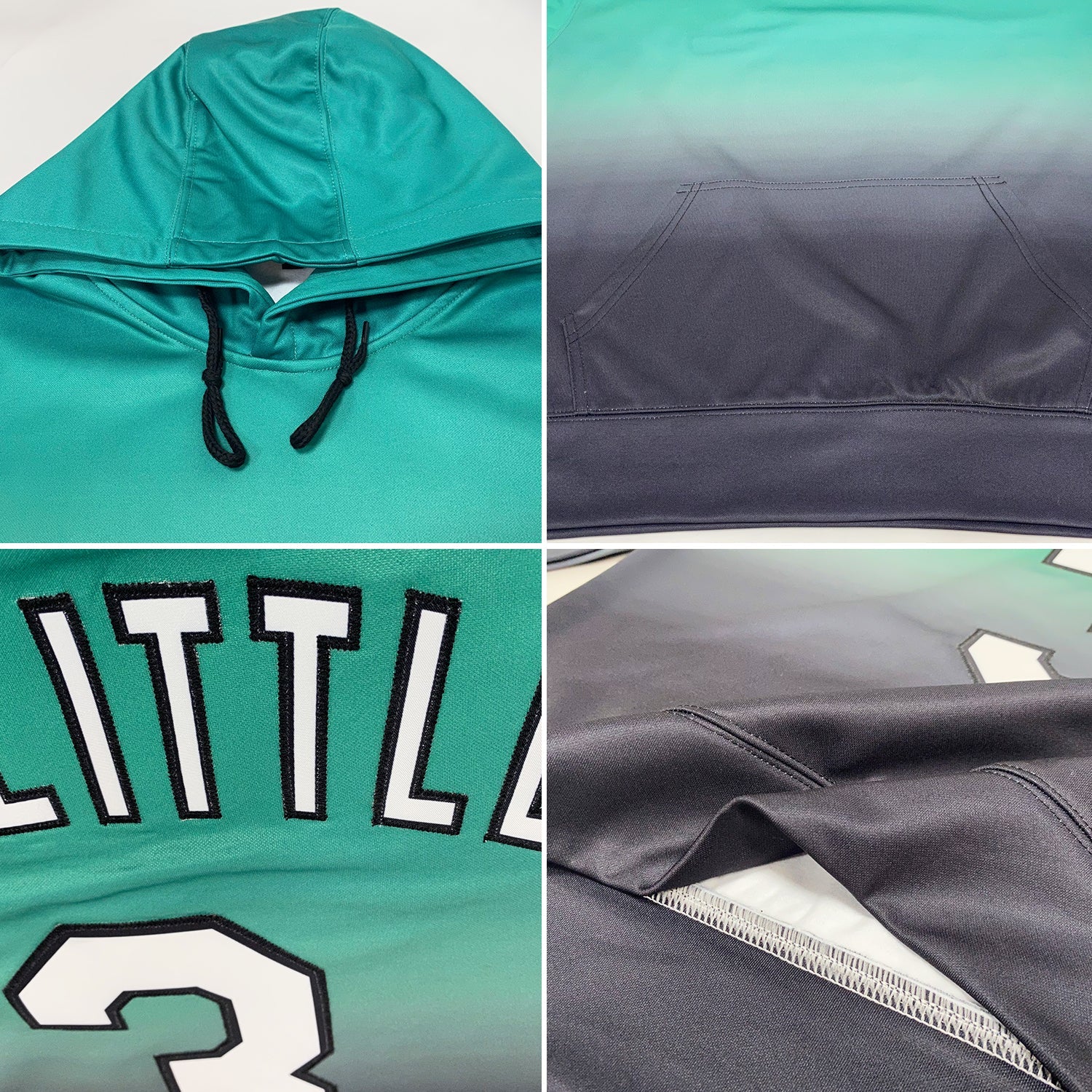 Custom Stitched Teal White-Black Fade Fashion Sports Pullover Sweatshirt Hoodie view 2