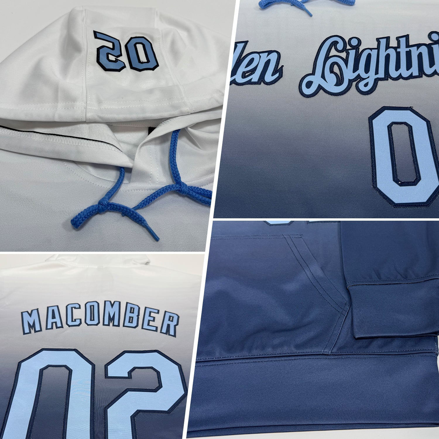 Custom Stitched White Light Blue-Navy Fade Fashion Sports Pullover Sweatshirt Hoodie view 2