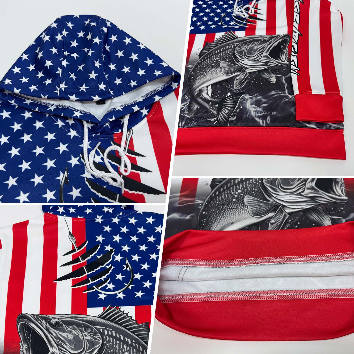 Custom Red US Navy Blue-Black 3D American Flag And Largemouth Bass Fish Fishing Sports Pullover Sweatshirt Hoodie view 2