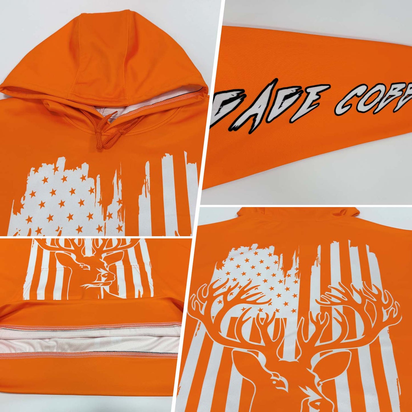 Custom Bay Orange White-Black 3D American Flag And Deer Hunting Sports Pullover Sweatshirt Hoodie view 3