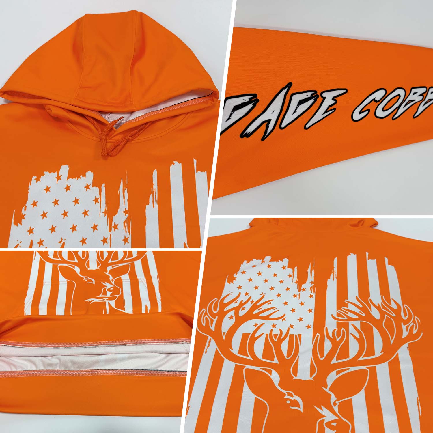Custom Bay Orange White-Black 3D American Flag And Deer Hunting Sports Pullover Sweatshirt Hoodie view 3