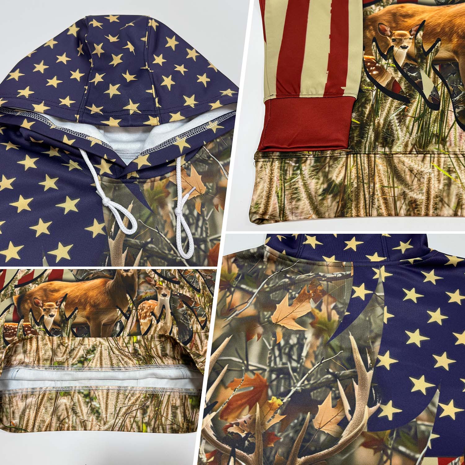 Custom Camo Black-White 3D American Flag And Deer Hunting Sports Pullover Sweatshirt Hoodie view 2