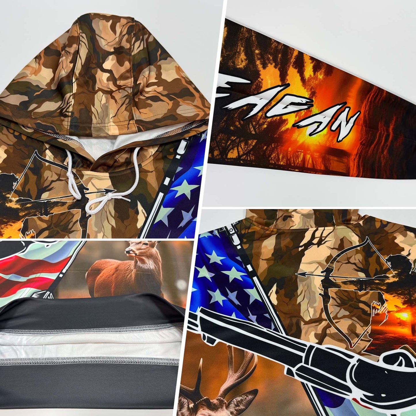 Custom Camo White-Black 3D American Flag And Hunting Tools Deer Hunting Sports Pullover Sweatshirt Hoodie view 2
