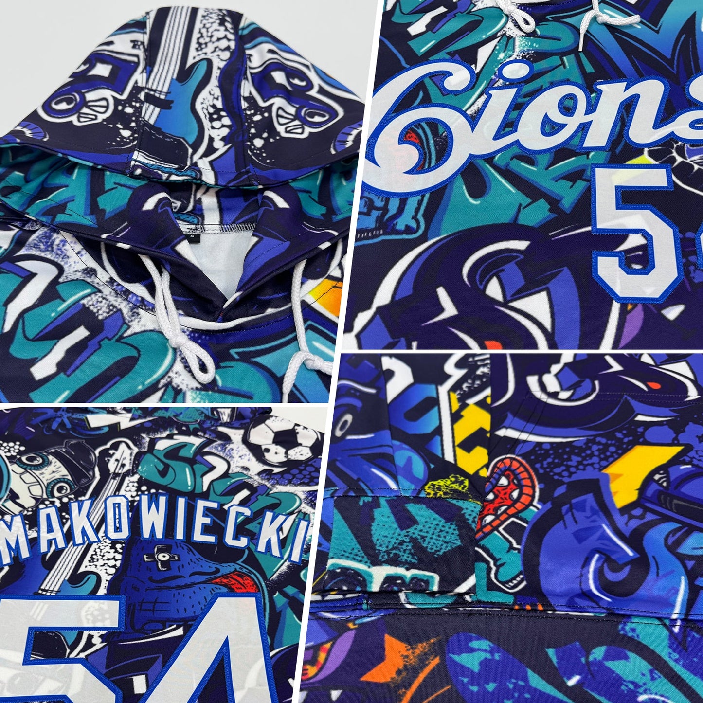 Custom Stitched Graffiti Pattern White-Royal 3D Sports Pullover Sweatshirt Hoodie view 2