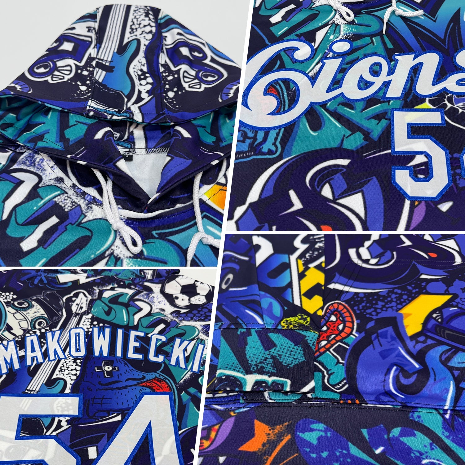 Custom Stitched Graffiti Pattern White-Royal 3D Sports Pullover Sweatshirt Hoodie view 2