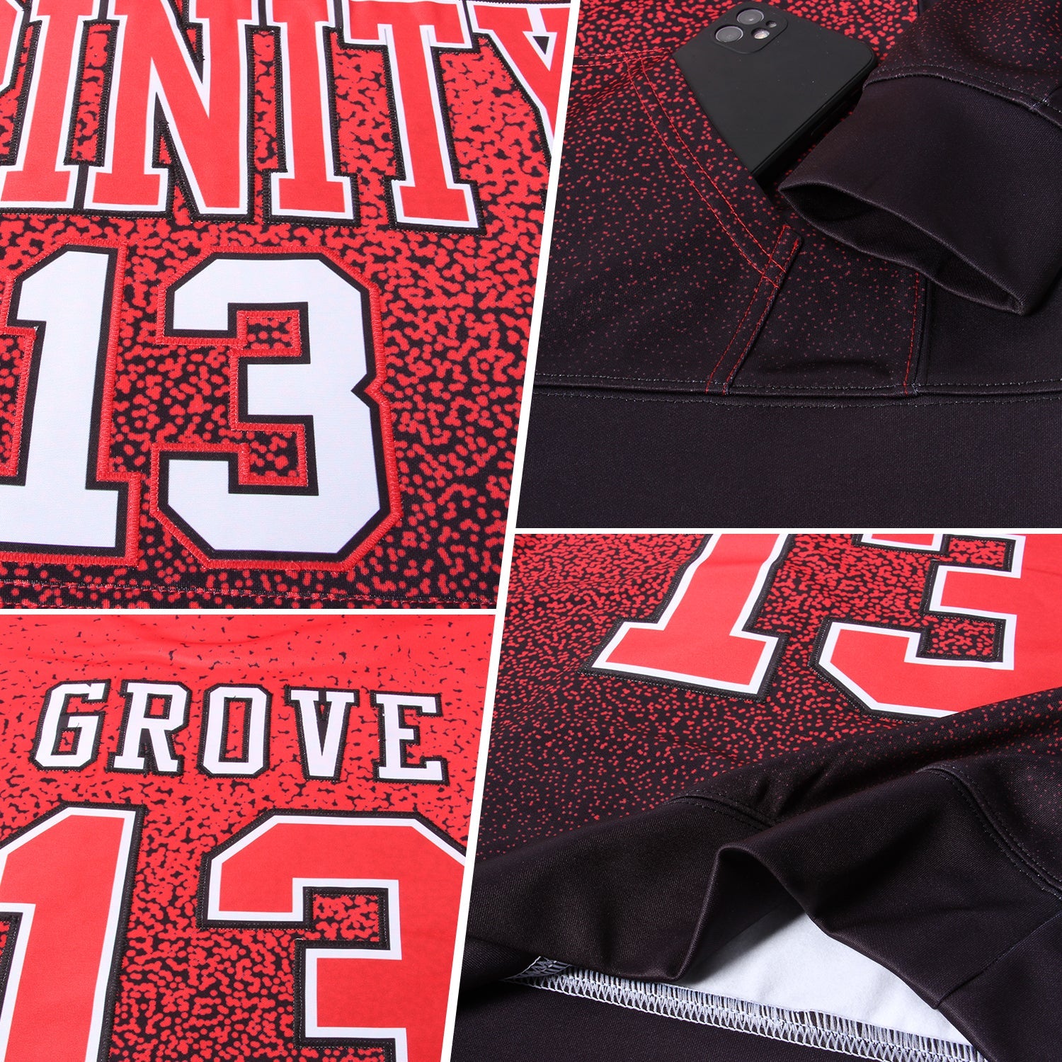 Custom Stitched Black Red-White Fade Fashion Sports Pullover Sweatshirt Hoodie view 2