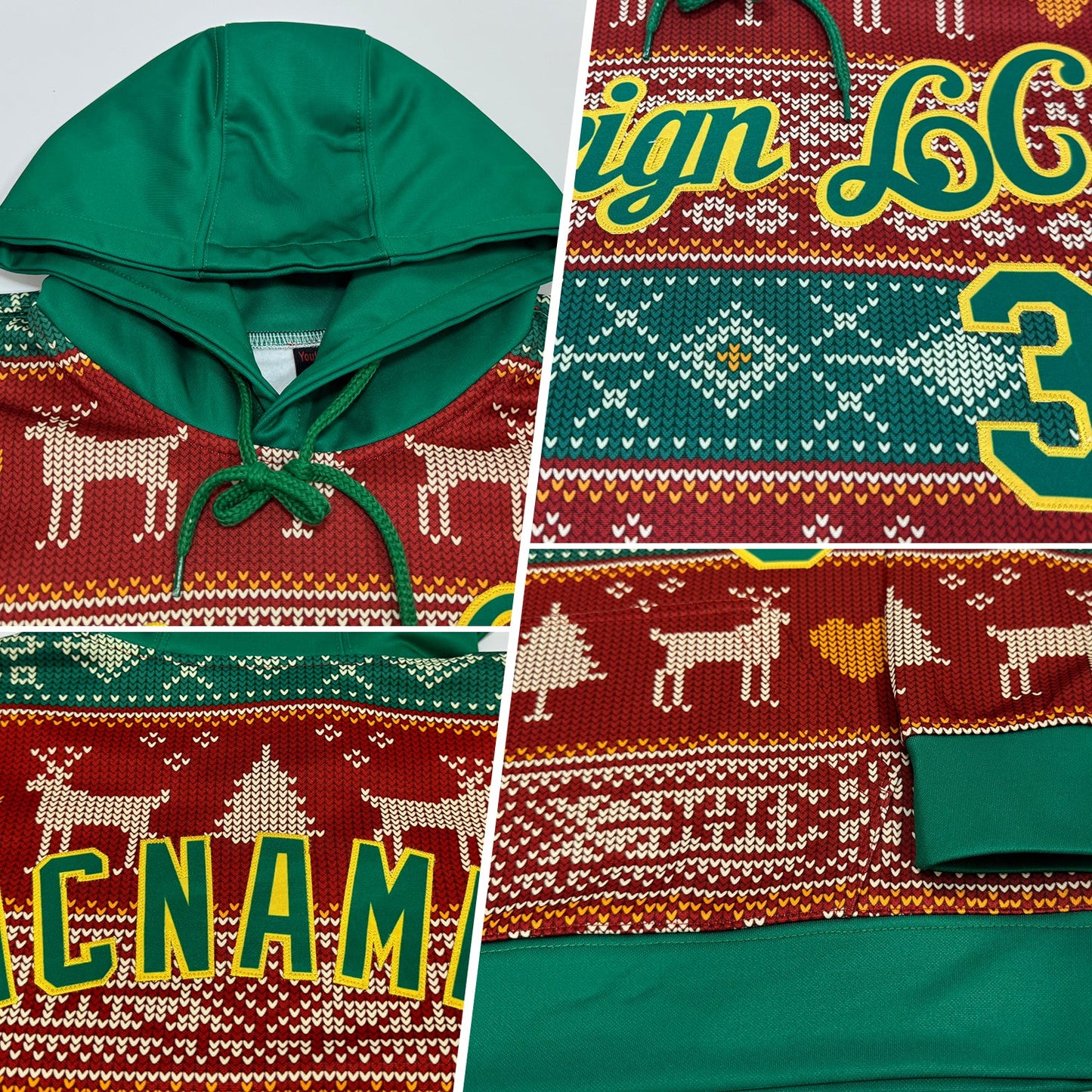 Custom Stitched Red Kelly Green-Gold 3D Christmas Reindeers Sports Pullover Sweatshirt Hoodie view 2