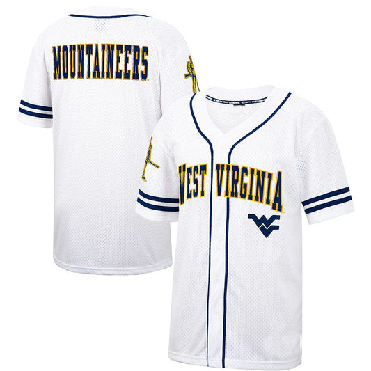 W.Virginia Mountaineers Colosseum Free Spirited Baseball Jersey White Navy Stitched American College Jerseys - Main View