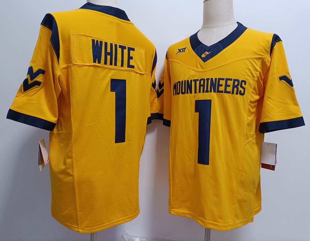 W.Virginia Mountaineers #1 Jahiem White Yellow FUSE Stitched American College Jerseys - Main View