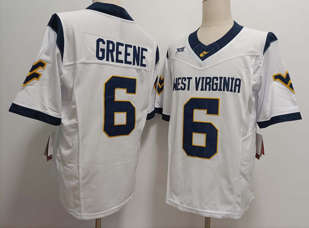 W.Virginia Mountaineers #6 Garrett Greene White FUSE Stitched American College Jerseys - Main View