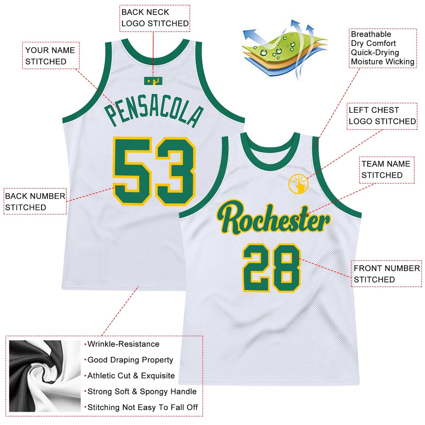 Custom White Kelly Green-Gold Authentic Throwback Basketball Jersey view 2