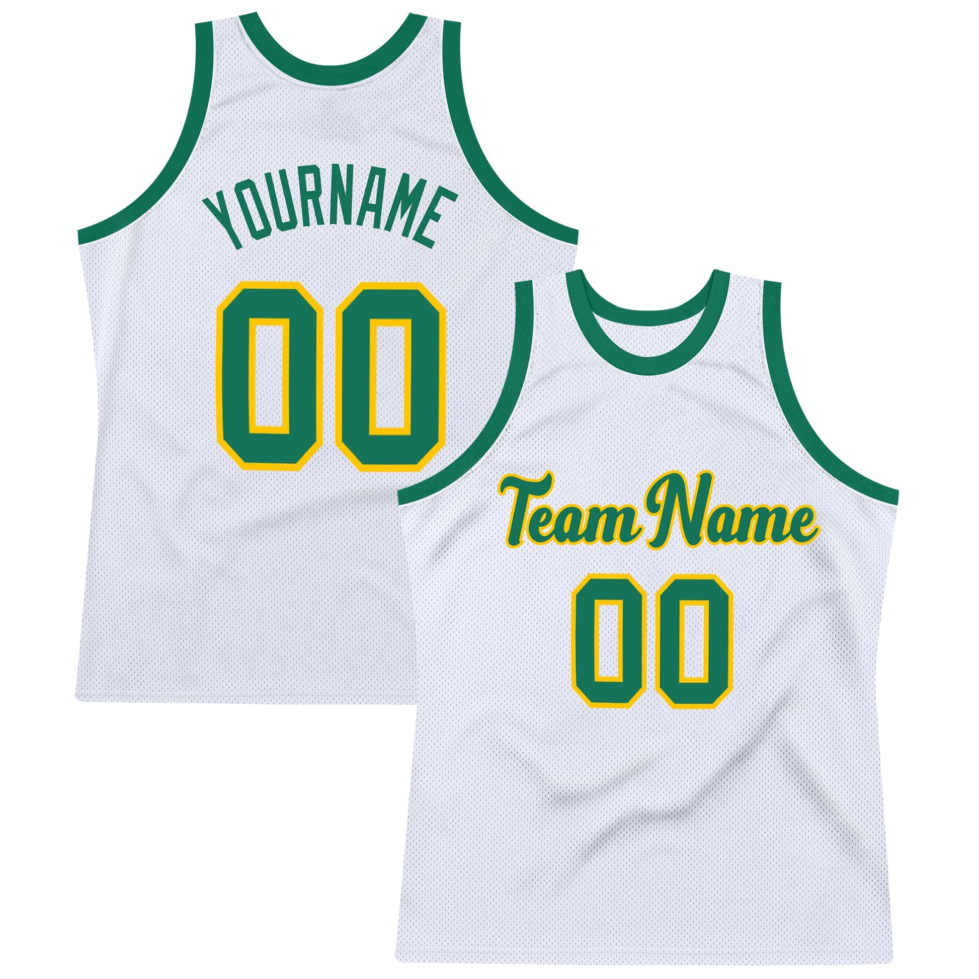 Custom White Kelly Green-Gold Authentic Throwback Basketball Jersey - Main View
