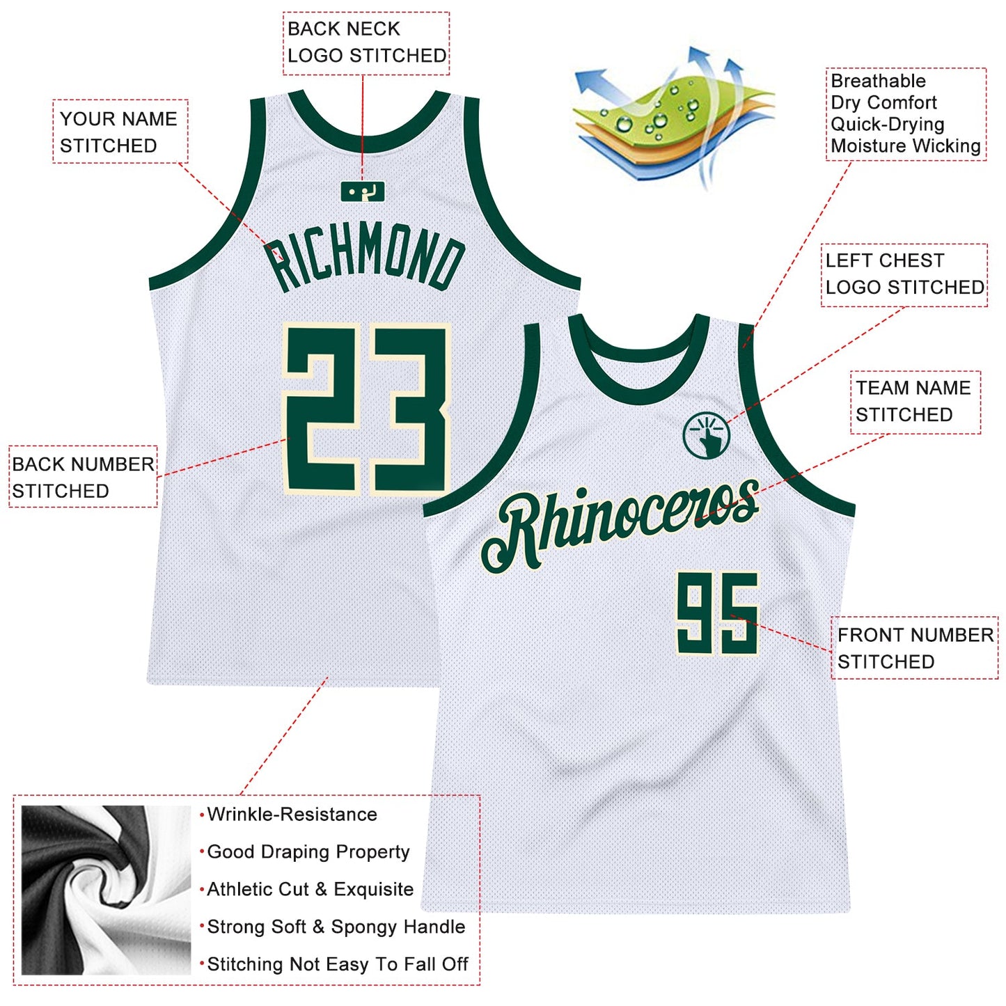 Custom White Hunter Green-Cream Authentic Throwback Basketball Jersey view 2