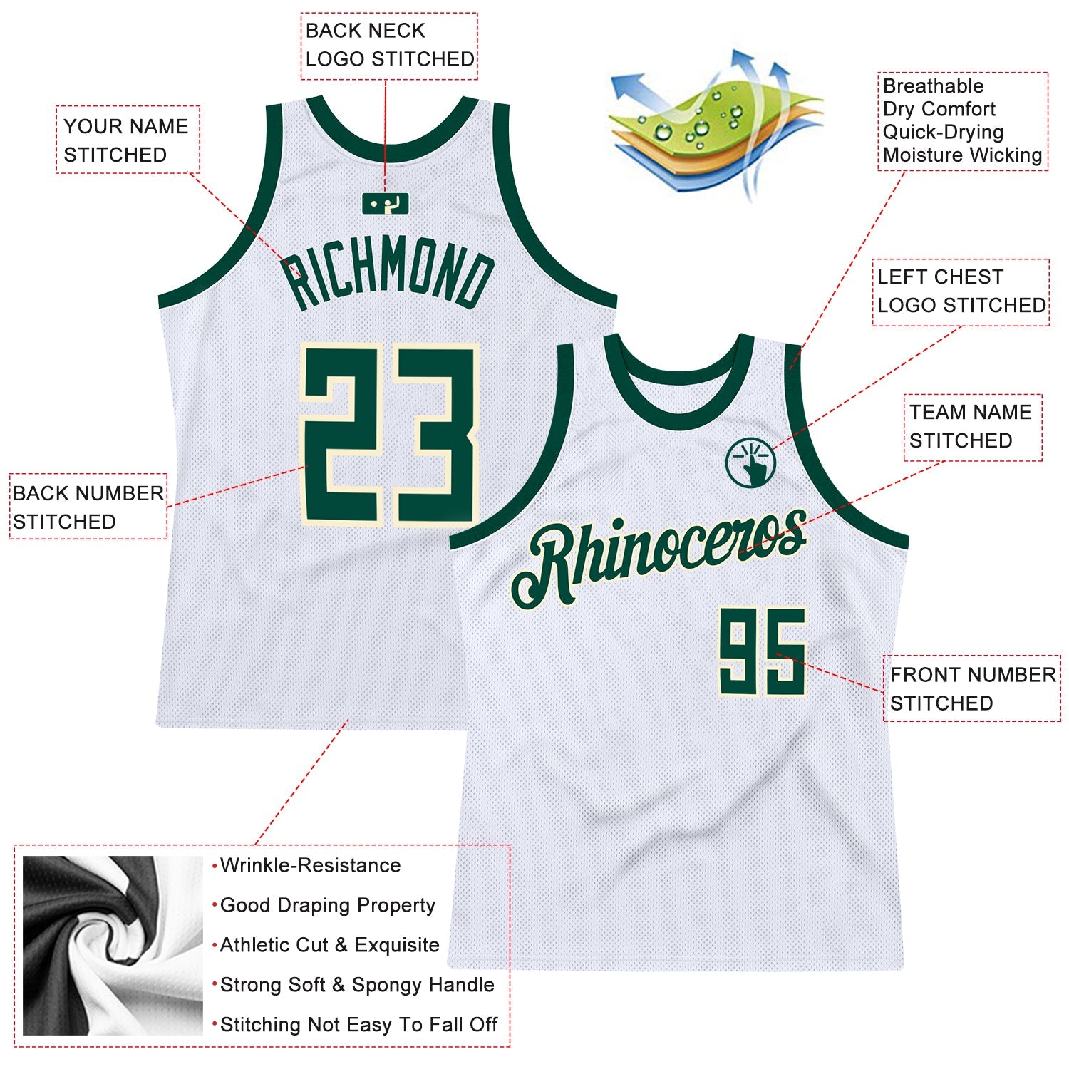 Custom White Hunter Green-Cream Authentic Throwback Basketball Jersey view 2