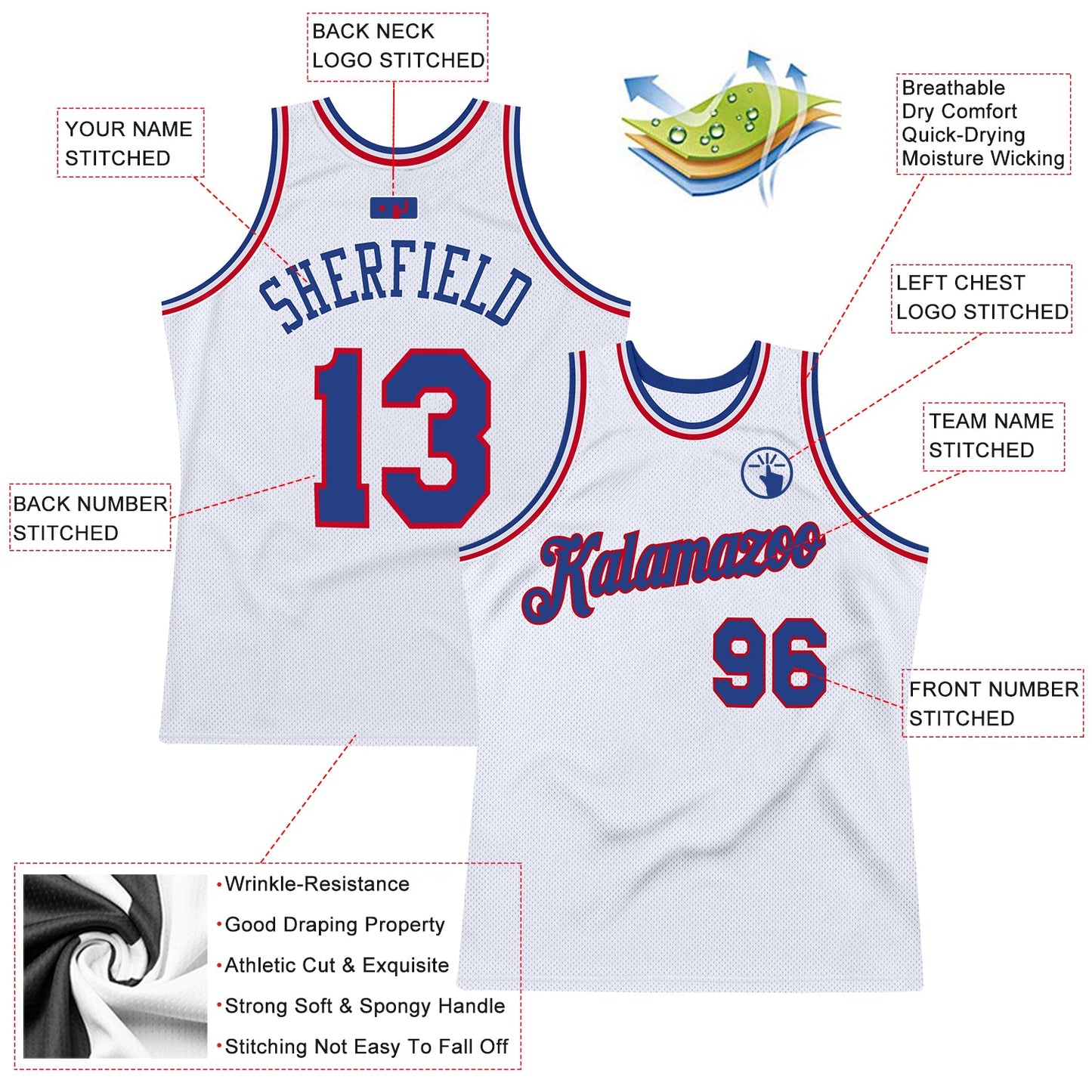Custom White Royal-Red Authentic Throwback Basketball Jersey view 2