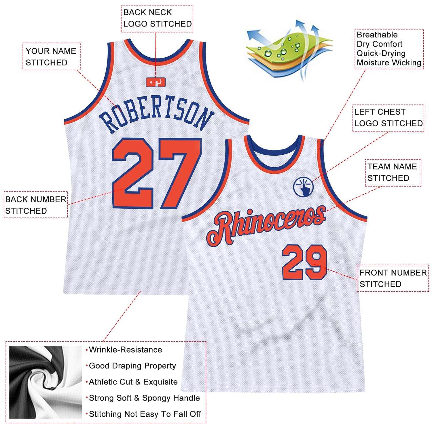 Custom White Orange-Royal Authentic Throwback Basketball Jersey view 2