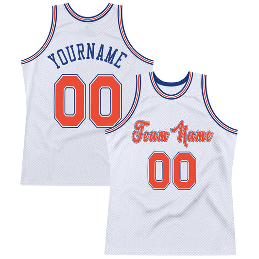 Custom White Orange-Royal Authentic Throwback Basketball Jersey - Main View