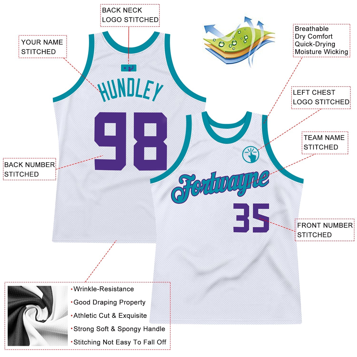 Custom White Purple-Teal Authentic Throwback Basketball Jersey view 2