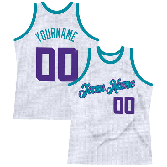Custom White Purple-Teal Authentic Throwback Basketball Jersey - Main View