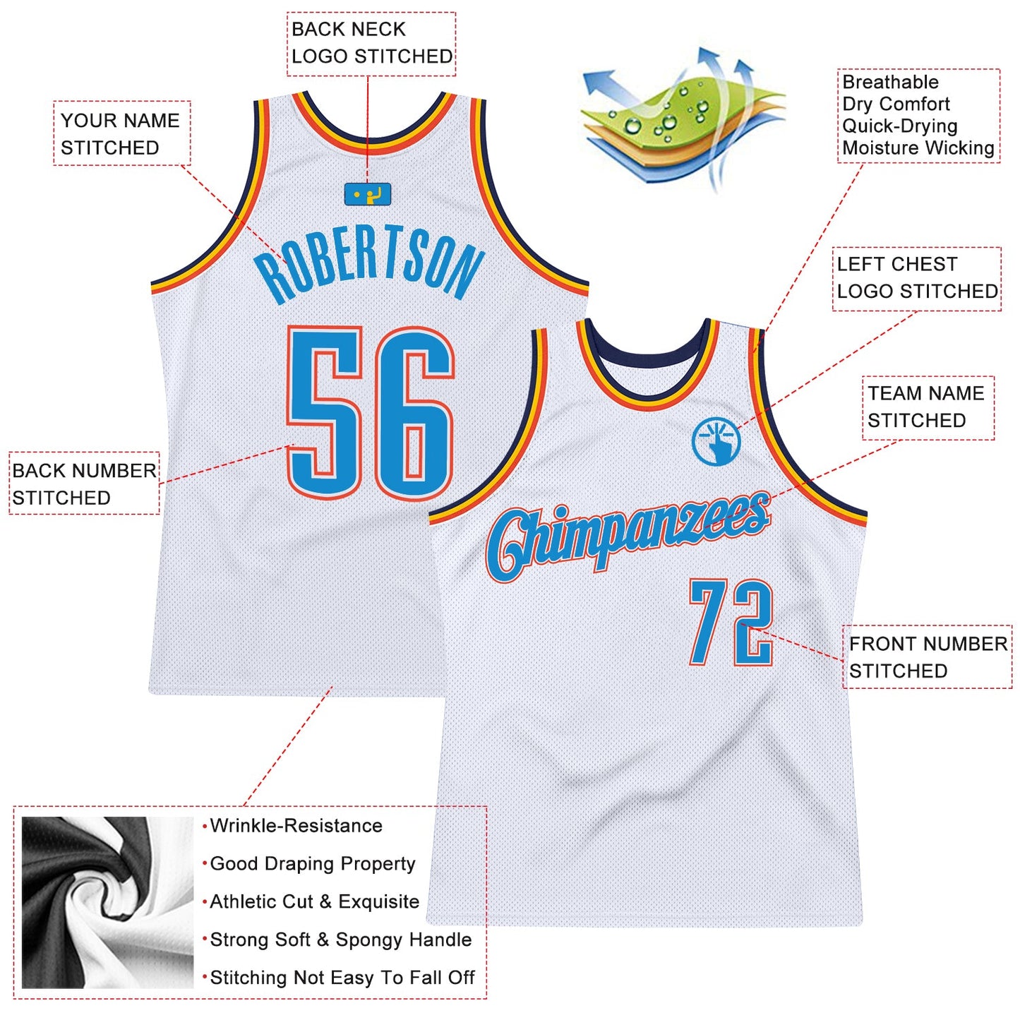 Custom White Blue-Orange Authentic Throwback Basketball Jersey view 2