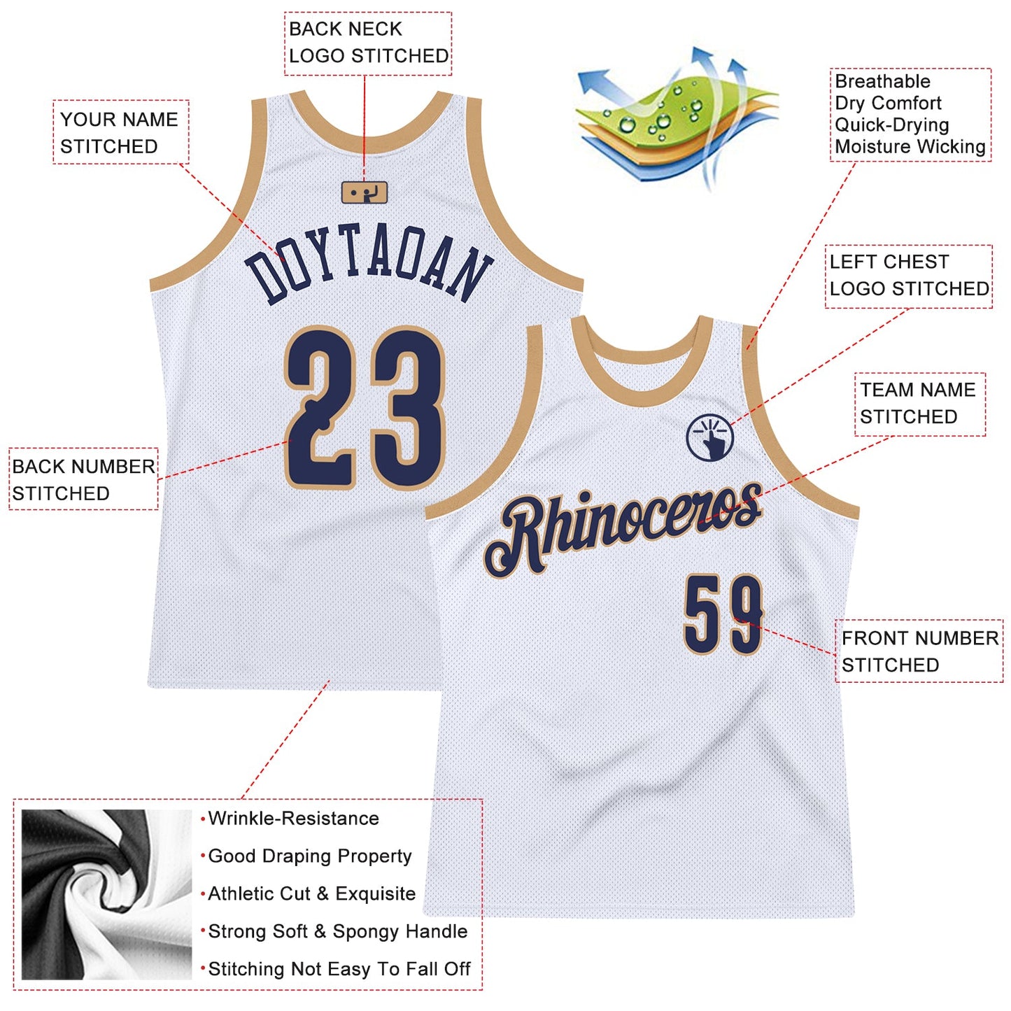 Custom White Navy-Old Gold Authentic Throwback Basketball Jersey view 2