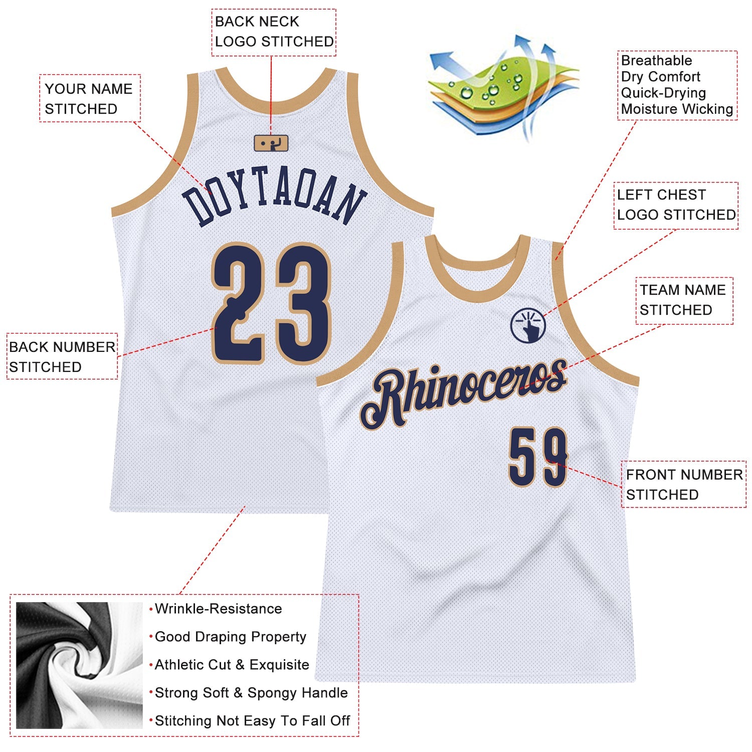Custom White Navy-Old Gold Authentic Throwback Basketball Jersey view 2