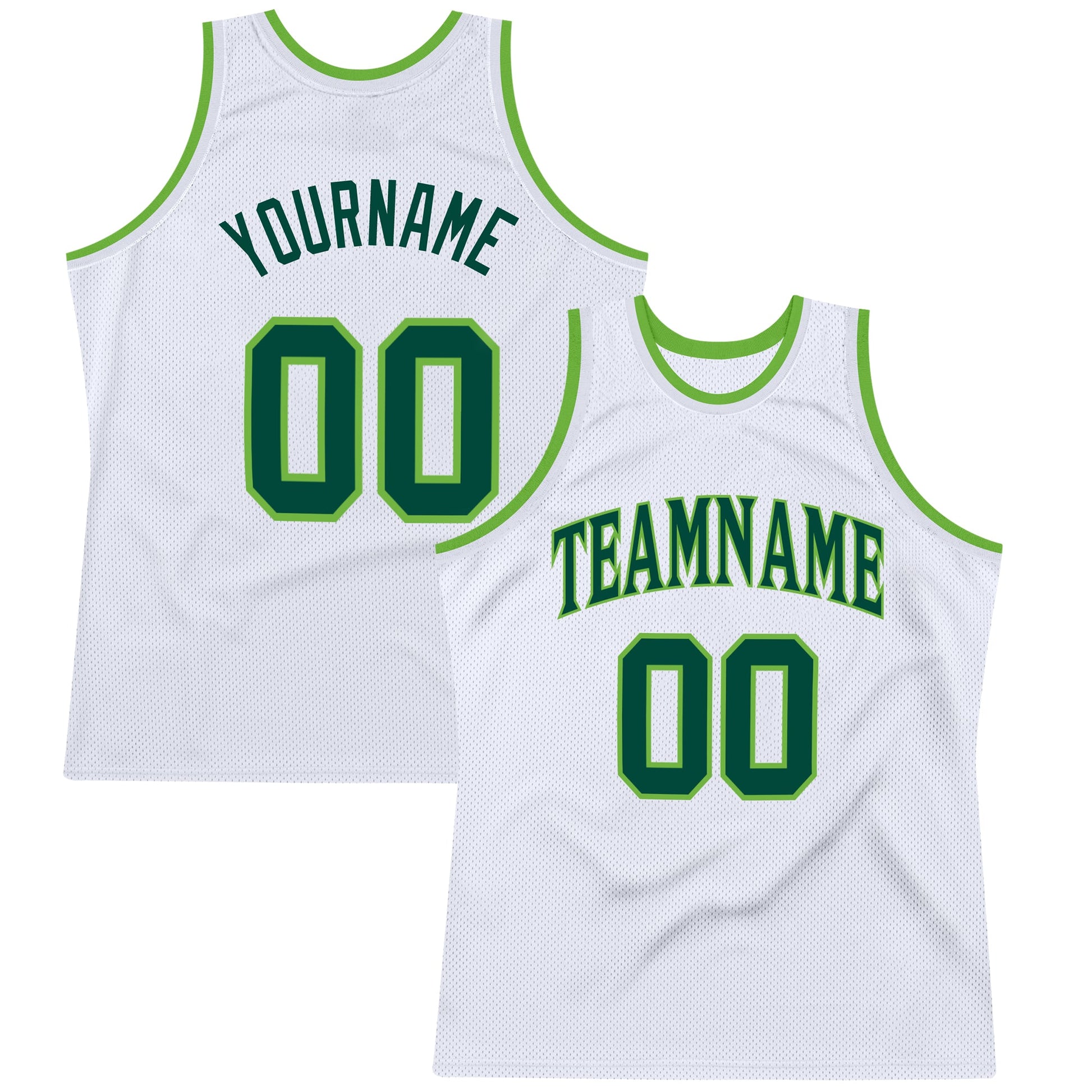 Custom White Hunter Green-Neon Green Authentic Throwback Basketball Jersey - Main View