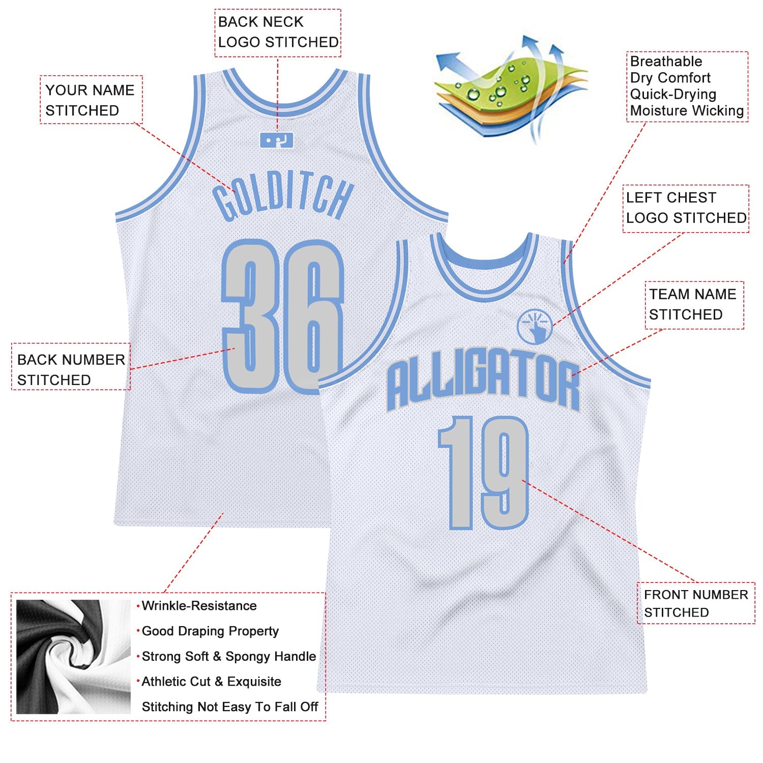 Custom White Light Gray-Light Blue Authentic Throwback Basketball Jersey view 3